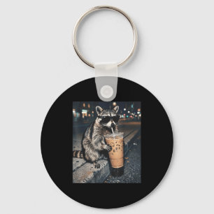 Raccoon drinking iced coffee funny animal meme men key ring