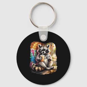 Raccoon drinking iced coffee funny animal meme men key ring