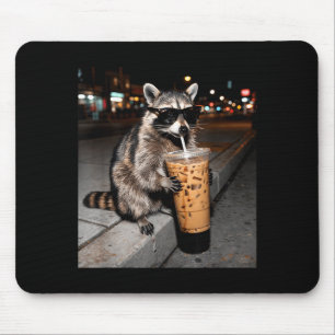 Raccoon drinking iced coffee funny animal meme men mouse mat