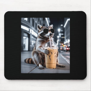 Raccoon drinking iced coffee funny animal meme men mouse mat