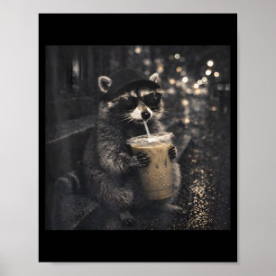 Raccoon Drinking Iced Coffee Funny Animal Meme Men Poster