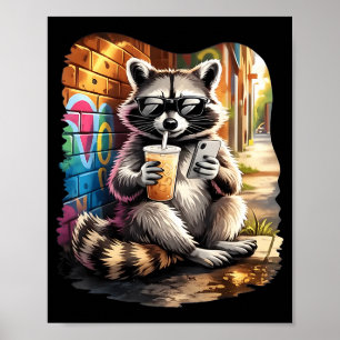 Raccoon drinking iced coffee funny animal meme men poster