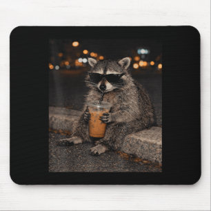 Raccoon drinking iced coffee funny animal meme mouse mat