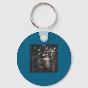 Raccoon Drinking Iced Coffee Funny Artwork Key Ring