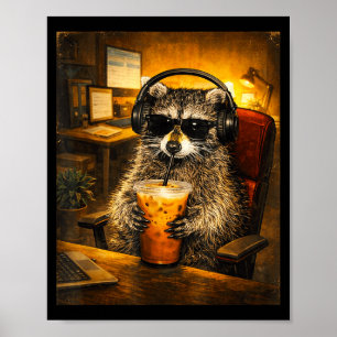 Raccoon drinking iced coffee funny caffeine lover poster