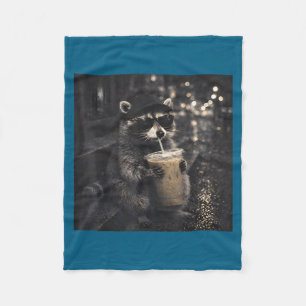Raccoon Drinking Iced Coffee Funny Design Fleece Blanket