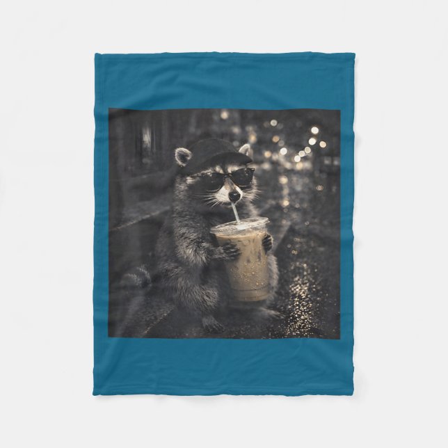 Raccoon Drinking Iced Coffee Funny Design Fleece Blanket (Front)