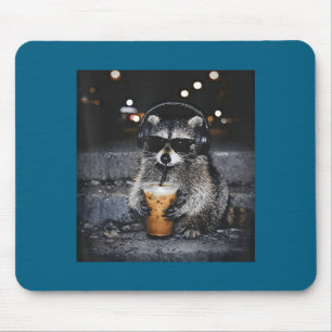 Raccoon Drinking Iced Coffee Funny Design Mouse Mat