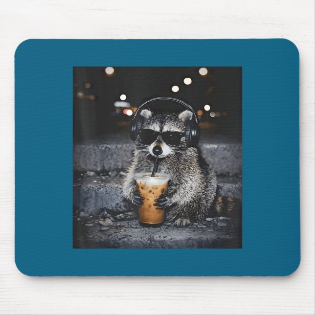 Raccoon Drinking Iced Coffee Funny Design Mouse Mat (Front)