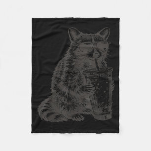 Raccoon drinking iced coffee funny for men, women, fleece blanket