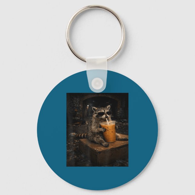 Raccoon Drinking Iced Coffee Funny Graphic Art Key Ring (Front)
