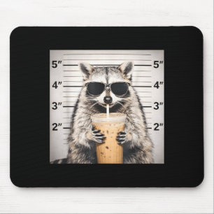 Raccoon drinking iced coffee funny mugshot animal mouse mat