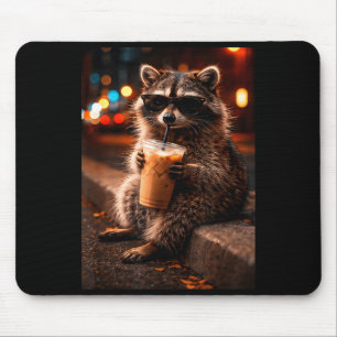 Raccoon drinking iced coffee funny trash panda mouse mat