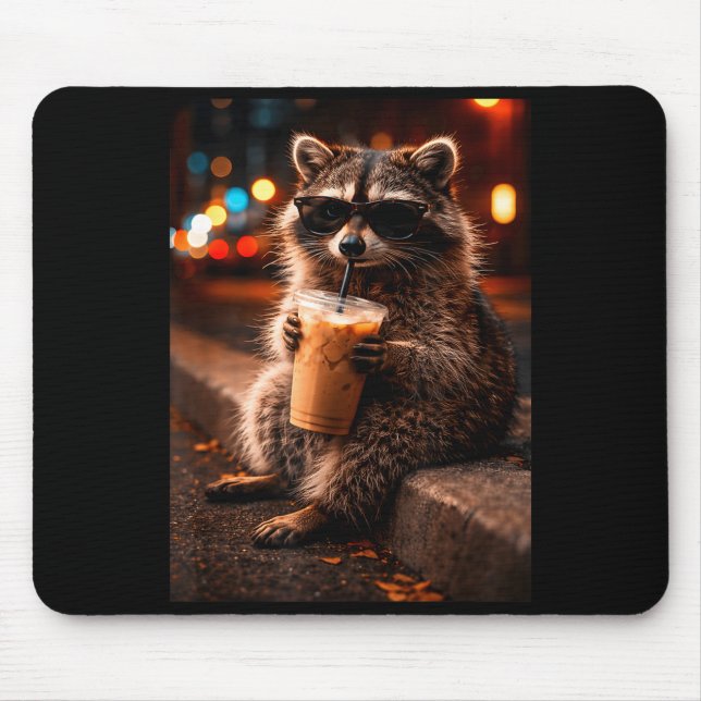 Raccoon drinking iced coffee funny trash panda mouse mat (Front)