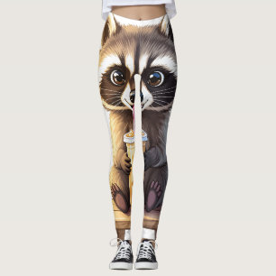 Raccoon Drinking Iced Coffee Leggings