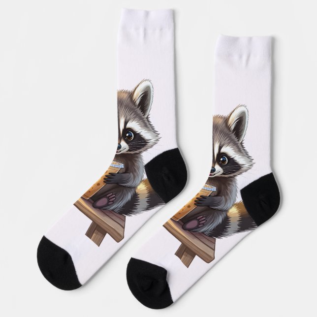 Raccoon Drinking Iced Coffee Socks (Left)