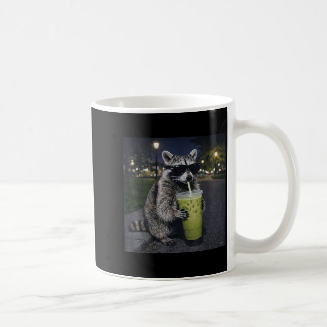 Raccoon drinking iced matcha latte funny animal coffee mug (Right)