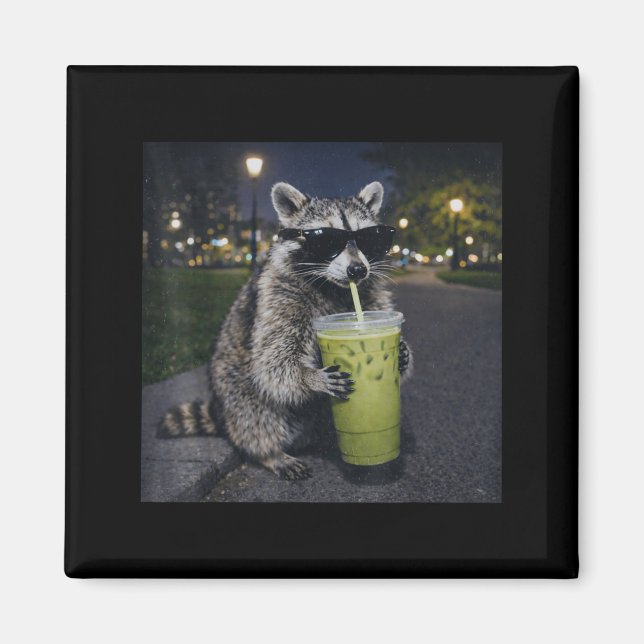 Raccoon drinking iced matcha latte funny animal magnet (Front)
