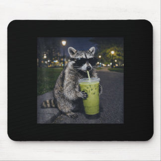 Raccoon drinking iced matcha latte funny animal mouse mat