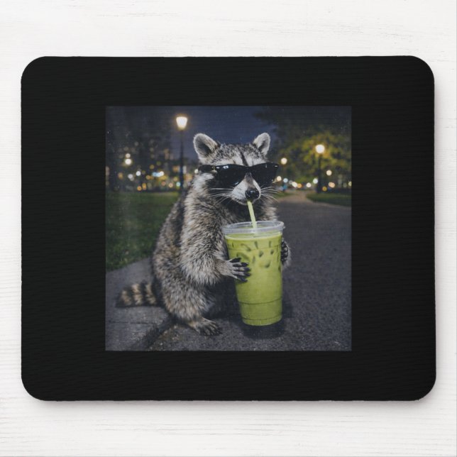 Raccoon drinking iced matcha latte funny animal mouse mat (Front)
