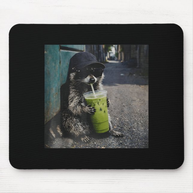 Raccoon drinking matcha latte funny animal meme me mouse mat (Front)