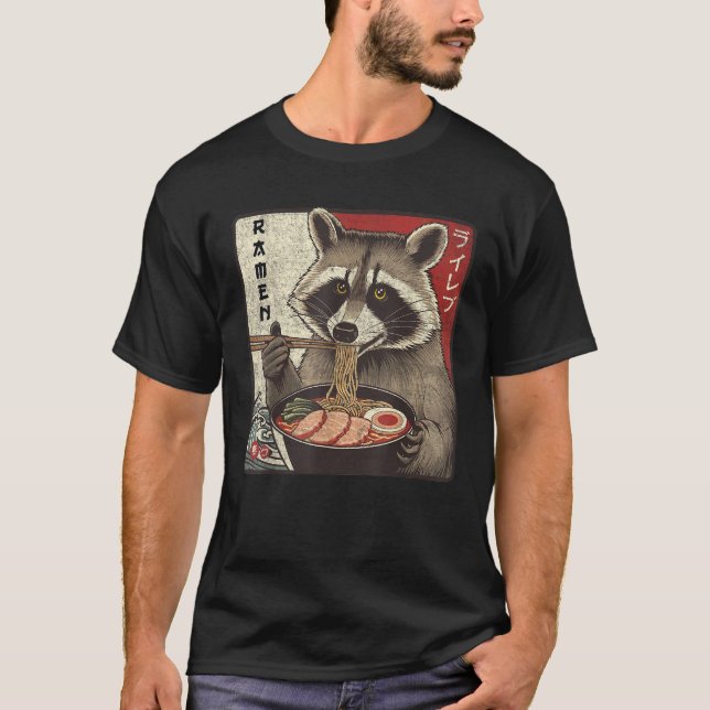 Raccoon Eating Ramen Japanese Noodles Funny Racoon T-Shirt (Front)