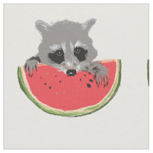 Raccoon eating watermelon fabric