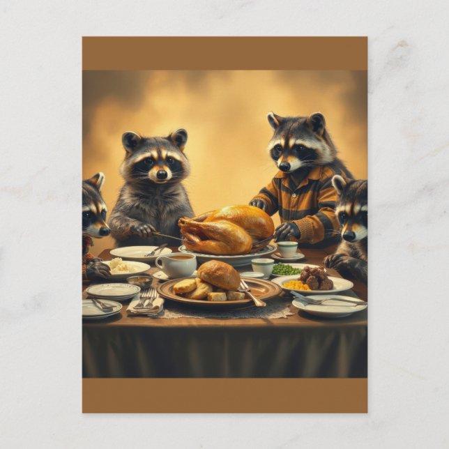 Raccoon Family Thanksgiving Postcard (Front)