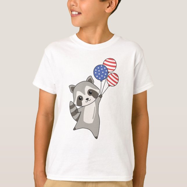Raccoon Flies Balloons Usa Cute Animals Raccoons T-Shirt (Front)