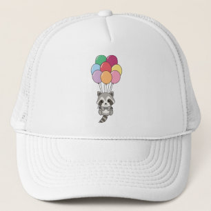 Raccoon Flies Up With Colorful Balloons Trucker Hat