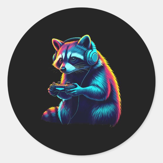 Raccoon Gaming Animal Video Games Funny Raccoon  Classic Round Sticker (Front)