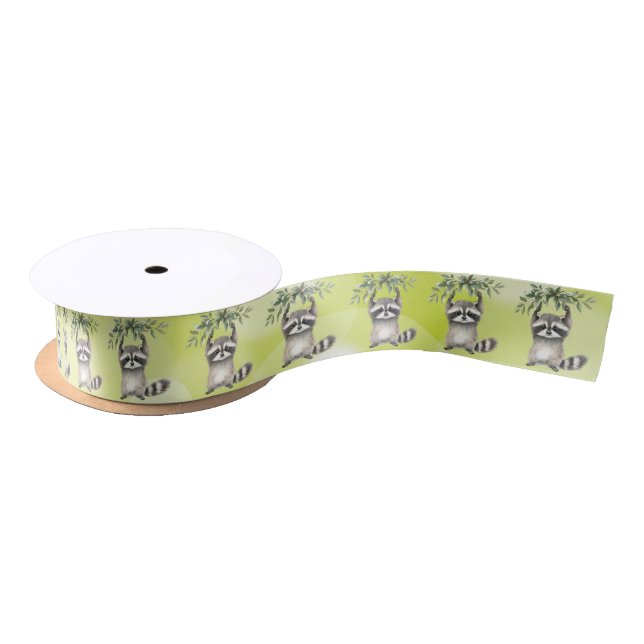 Raccoon Hanging On A Christmas Branch Satin Ribbon (Spool)