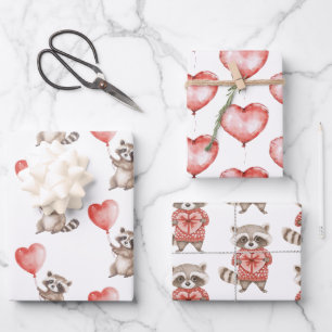 Raccoon Hearts Balloons Birthday Wrapping Paper Sheet