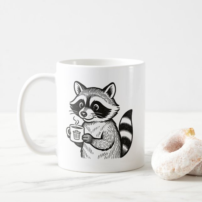 Raccoon Holding Coffee Cup Funny Trash Panda Mug (With Donut)