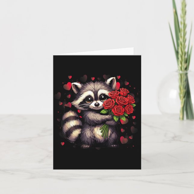 Raccoon Holding Red Rose Cute Raccoon Valentine An Card (Front)
