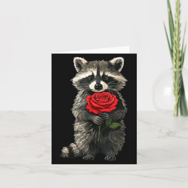 Raccoon Holding Red Rose Cute Raccoon Valentine An Card (Front)