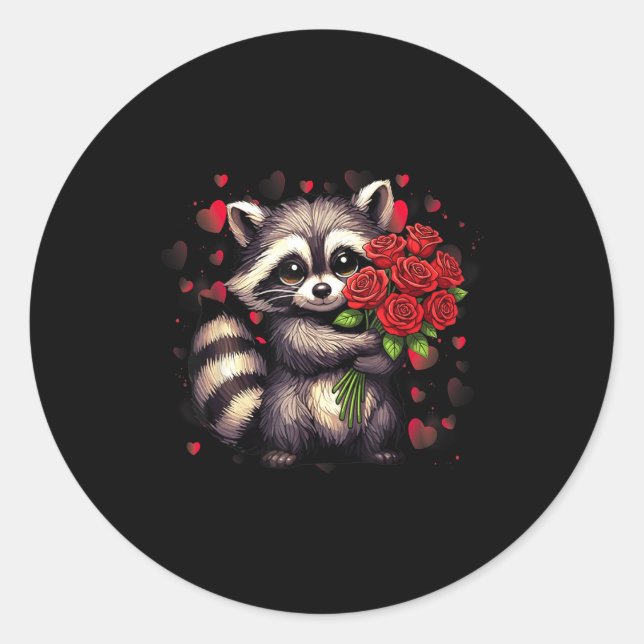 Raccoon Holding Red Rose Cute Raccoon Valentine An Classic Round Sticker (Front)