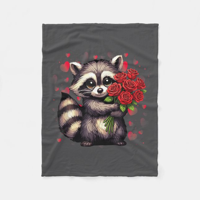 Raccoon Holding Red Rose Cute Raccoon Valentine An Fleece Blanket (Front)