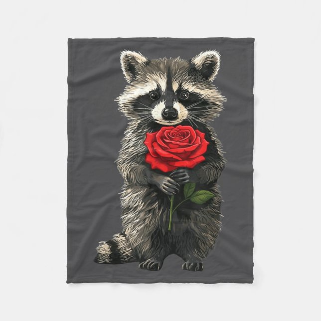 Raccoon Holding Red Rose Cute Raccoon Valentine An Fleece Blanket (Front)
