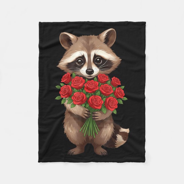 Raccoon Holding Red Rose Cute Raccoon Valentine An Fleece Blanket (Front)