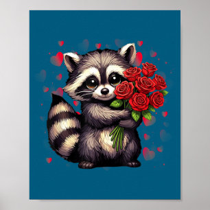 Raccoon Holding Red Rose Cute Raccoon Valentine An Poster