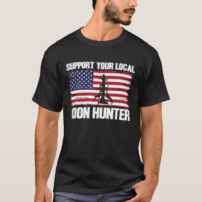 Raccoon Hunting USA Flag Support Your Local Coon H T-Shirt (Front)