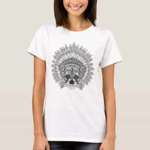 Raccoon In Feathered War Bonnet Doodle T-Shirt