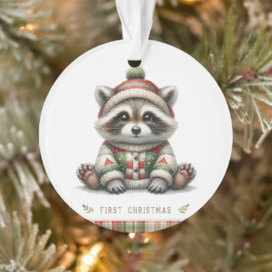 Raccoon in Knit Hat & Patchwork Sweater Ornament
