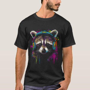 Raccoon Music Headphones Colourful Animal Motif  T-Shirt