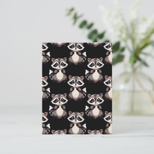 Raccoon Pattern Design Black  Postcard (Standing Front)