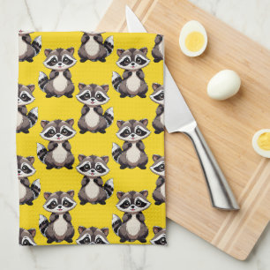Raccoon Pattern Design Red  Tea Towel