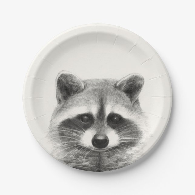 Raccoon Pencil Drawing Paper Plate (Front)