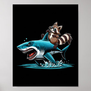 Raccoon Riding Shark Costume Sea Animal Lover Kids Poster
