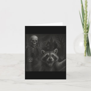 Raccoon Selfie With Skeleton Funny Raccoon Hallowe Card